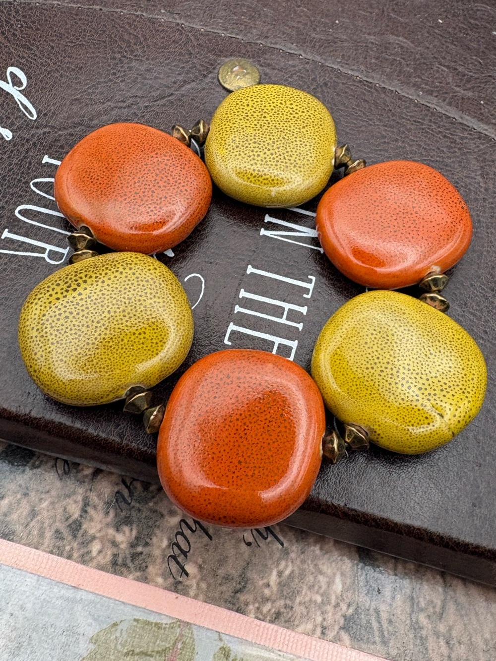 Vintage Chunky Earth Tone Stretch Bracelet Orange Green Statement Jewelry